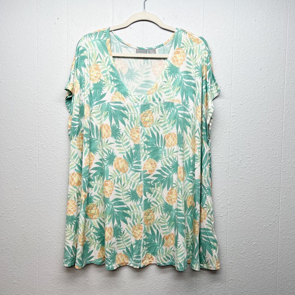 Kenar Floral Pineapple Tropical Printed Top Women 3X Beachy Relaxed Soft Stretch